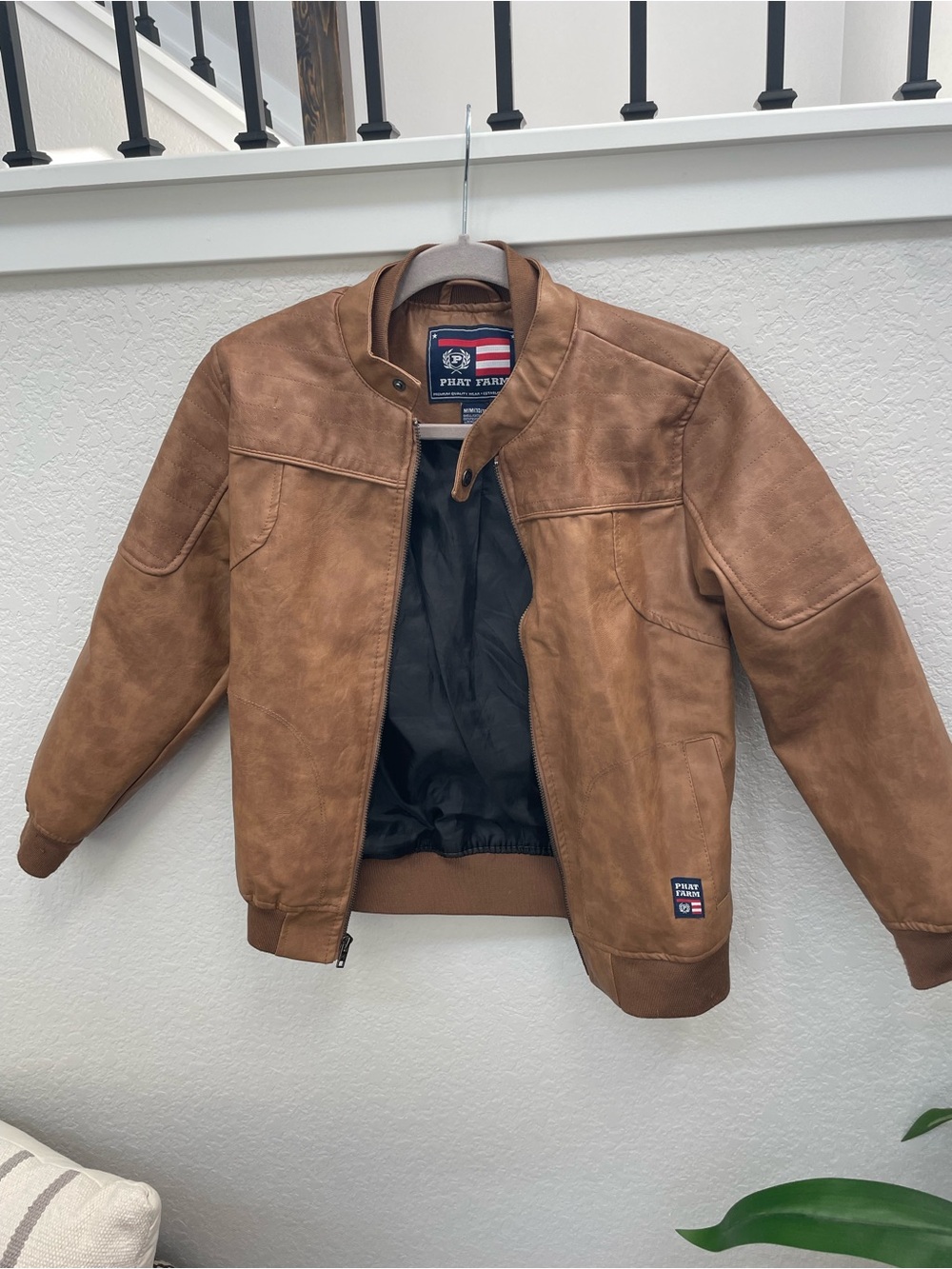 vintage Phat Farm boys faux leather bomber jacket in tan/light brown M 10 12
